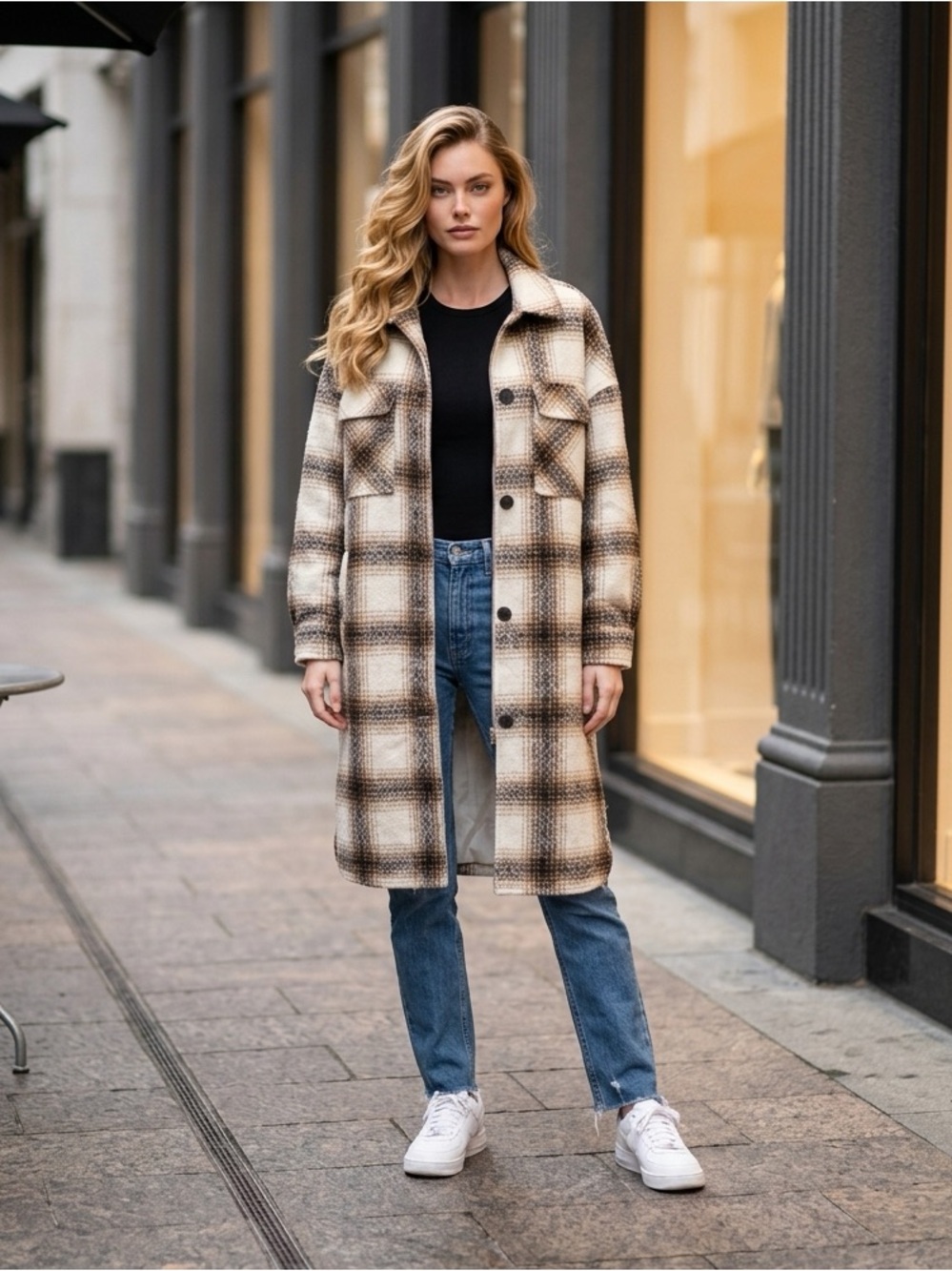 Levi's Plaid Oversized Long Shirt Jacket Shacket Coat in Cream and Brown
